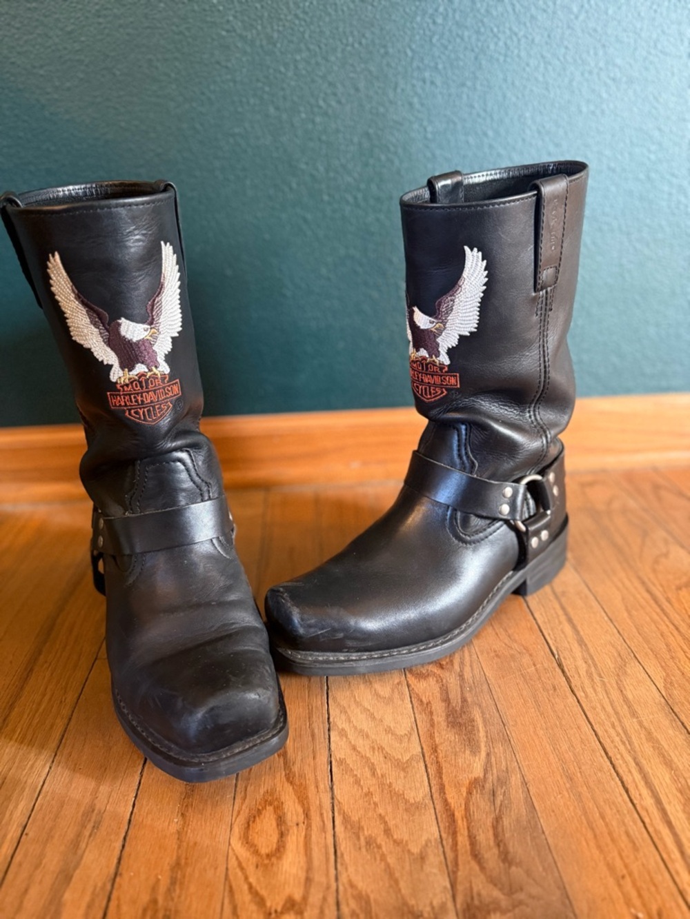 Harley-Davidson Vintage Black Leather Harness Boots with Eagle. LIKE NEW